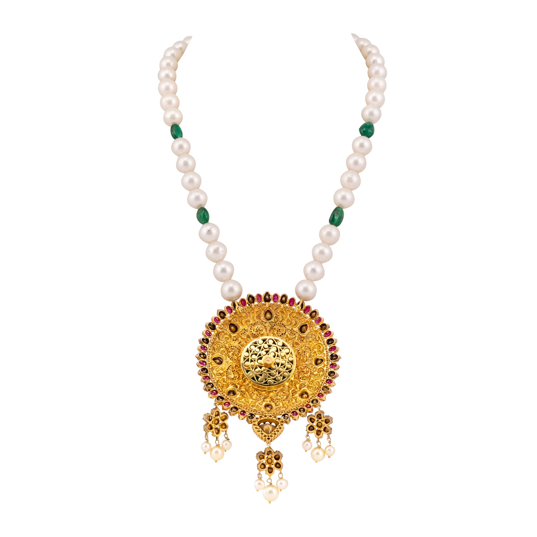 Carved Emerald Pendant Necklace with Rubies and South Sea Pearls